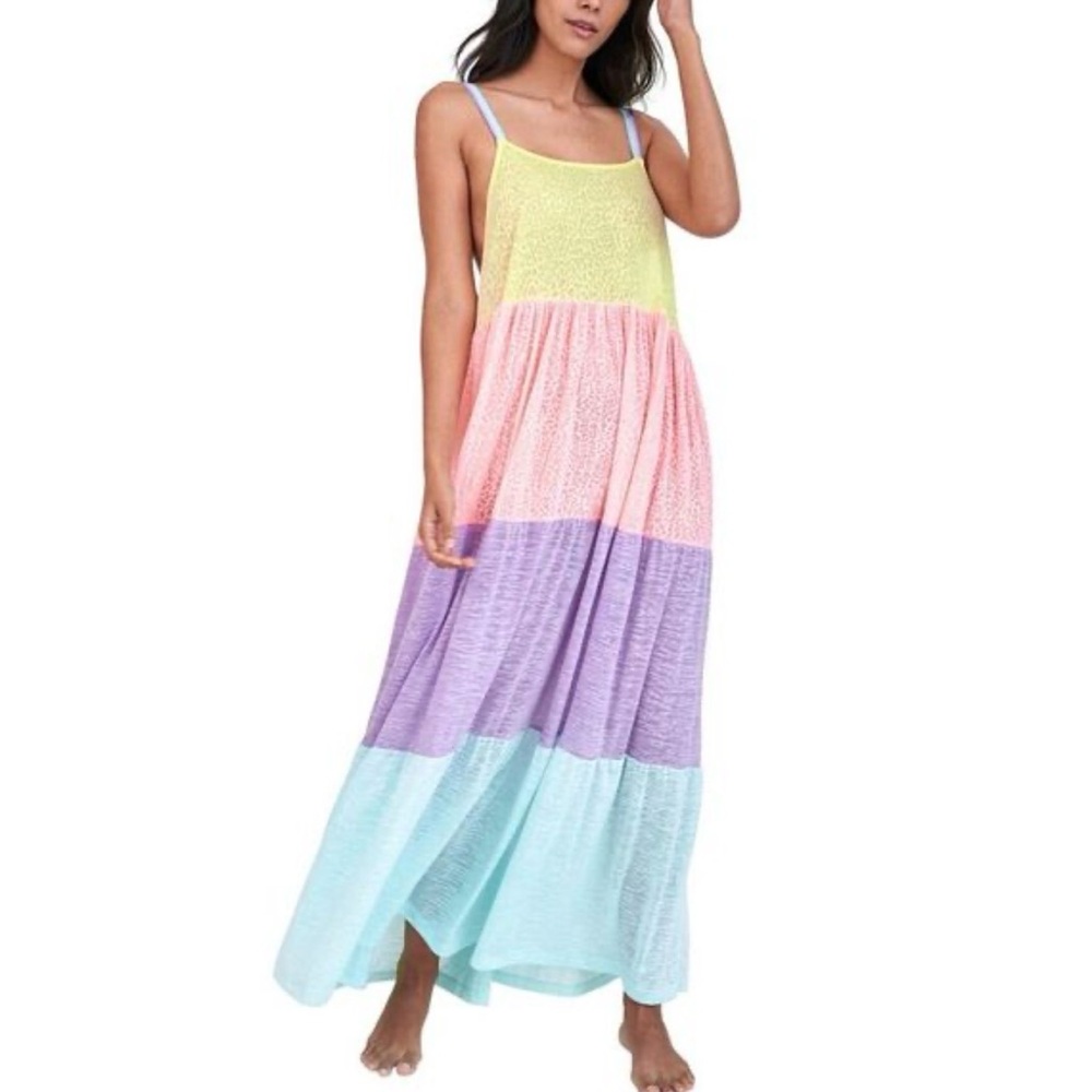PITUSA Women’s Multi-Color Rainbow Pastels Tiered Maxi Dress, ONE SIZE